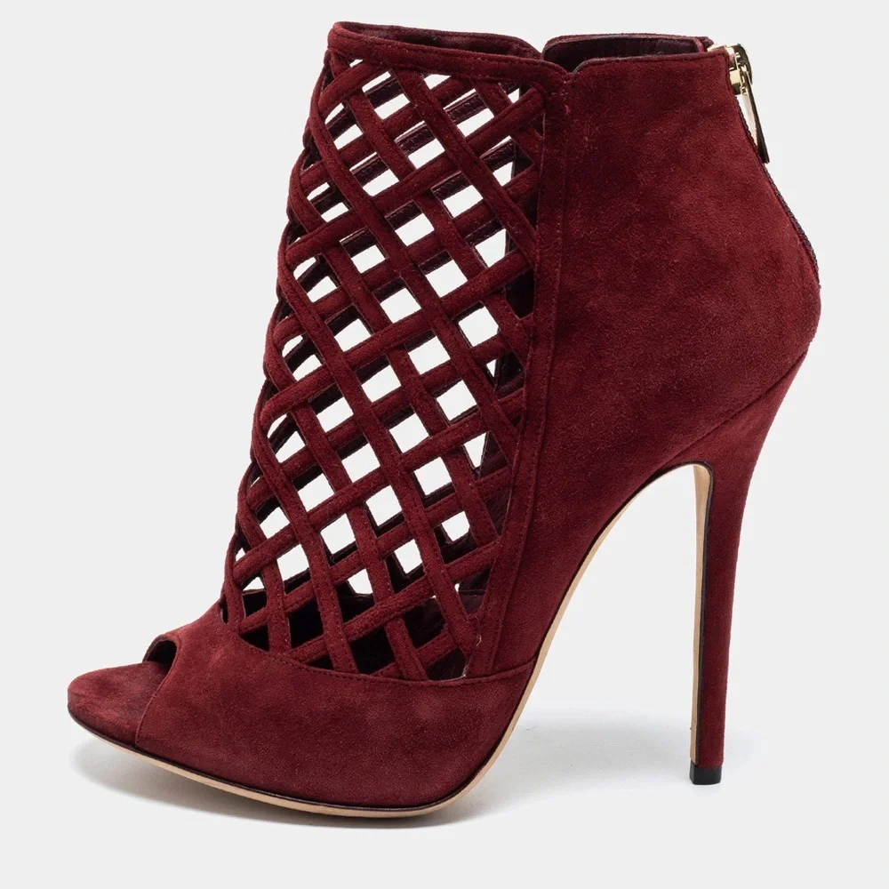 Jimmy Choo Claret Suede Drift Cutout Stiletto Heels Caged‎ Size 38.5 Size 38 1/2